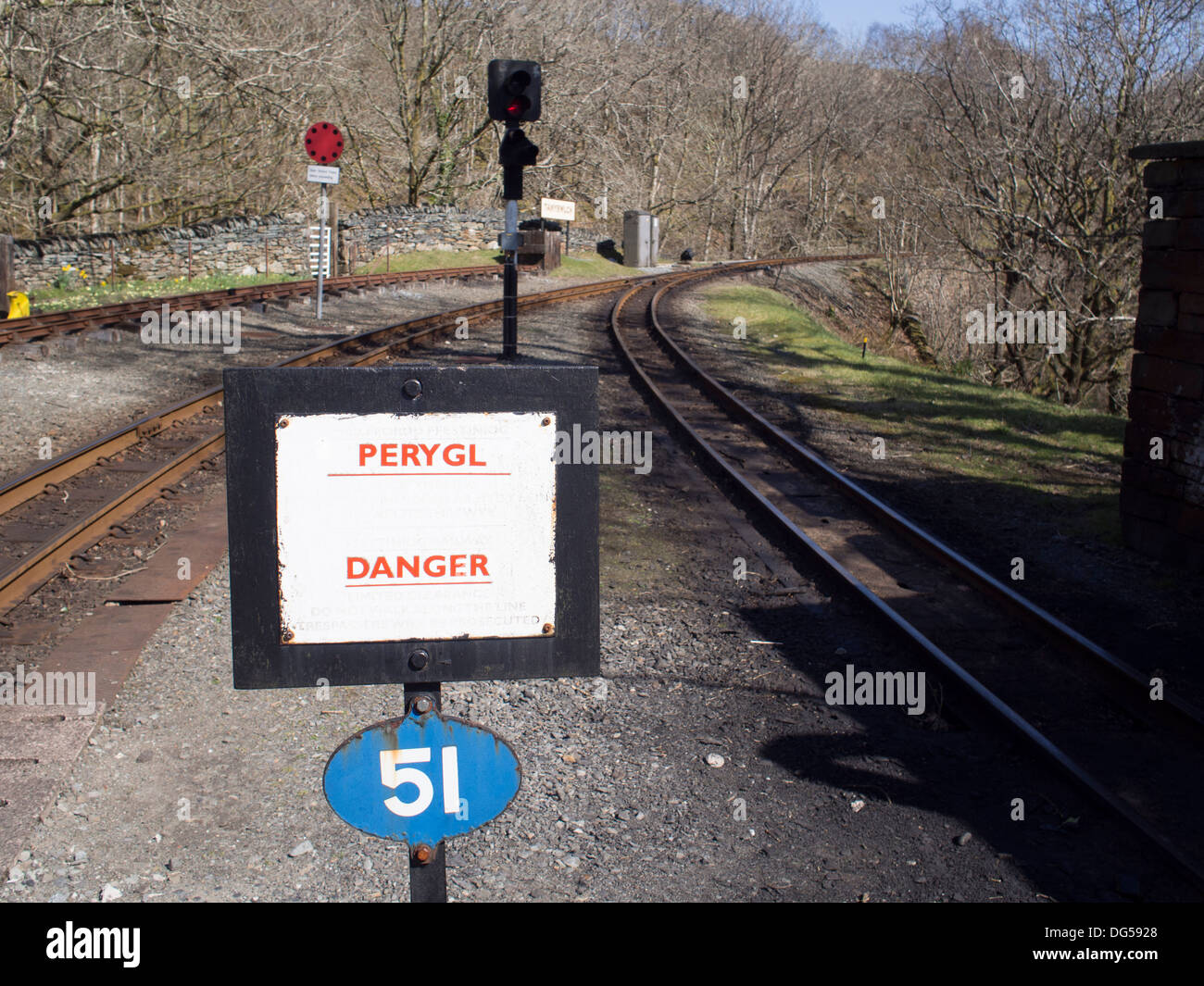 Danger sign on Talyllyn Narrow Gauge Railway, Wales Stock Photo
