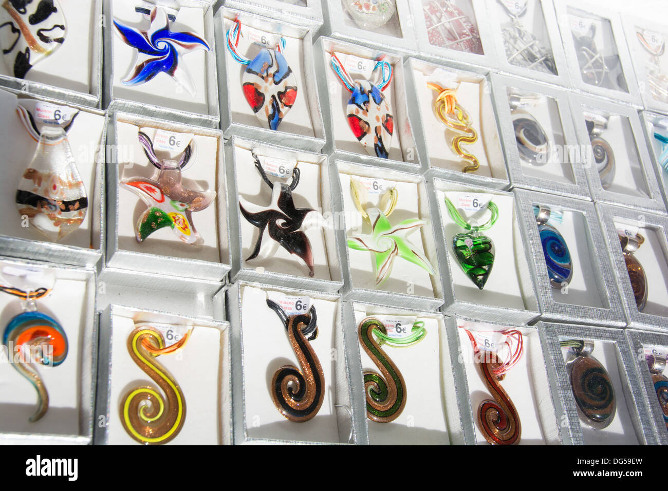 Colourful Venetian Murano glass pendants. Stock Photo