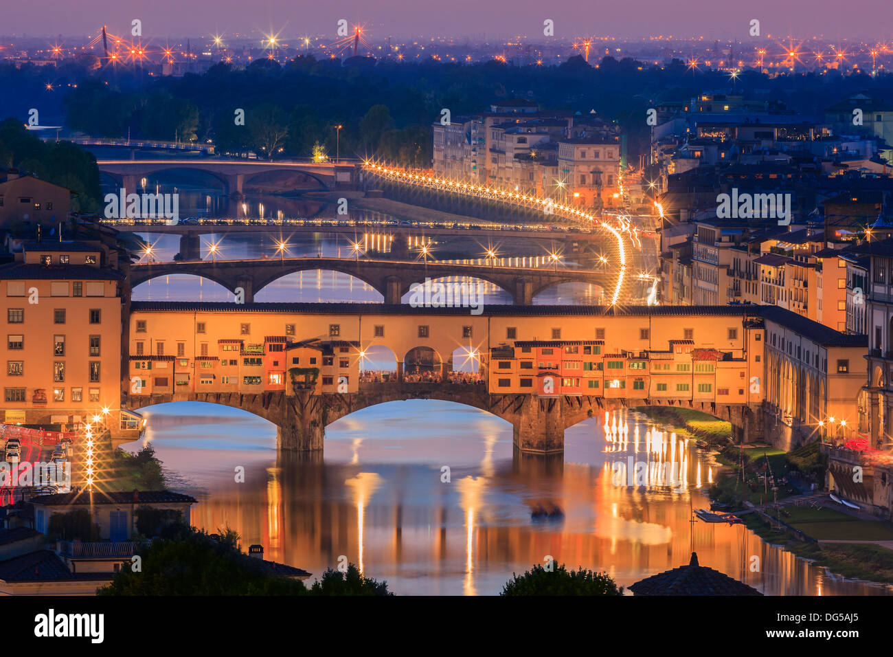 The Ponte Vecchio bridge over the Arno river in Florence, Italy. Taken from Piazzale Michelangelo Stock Photo