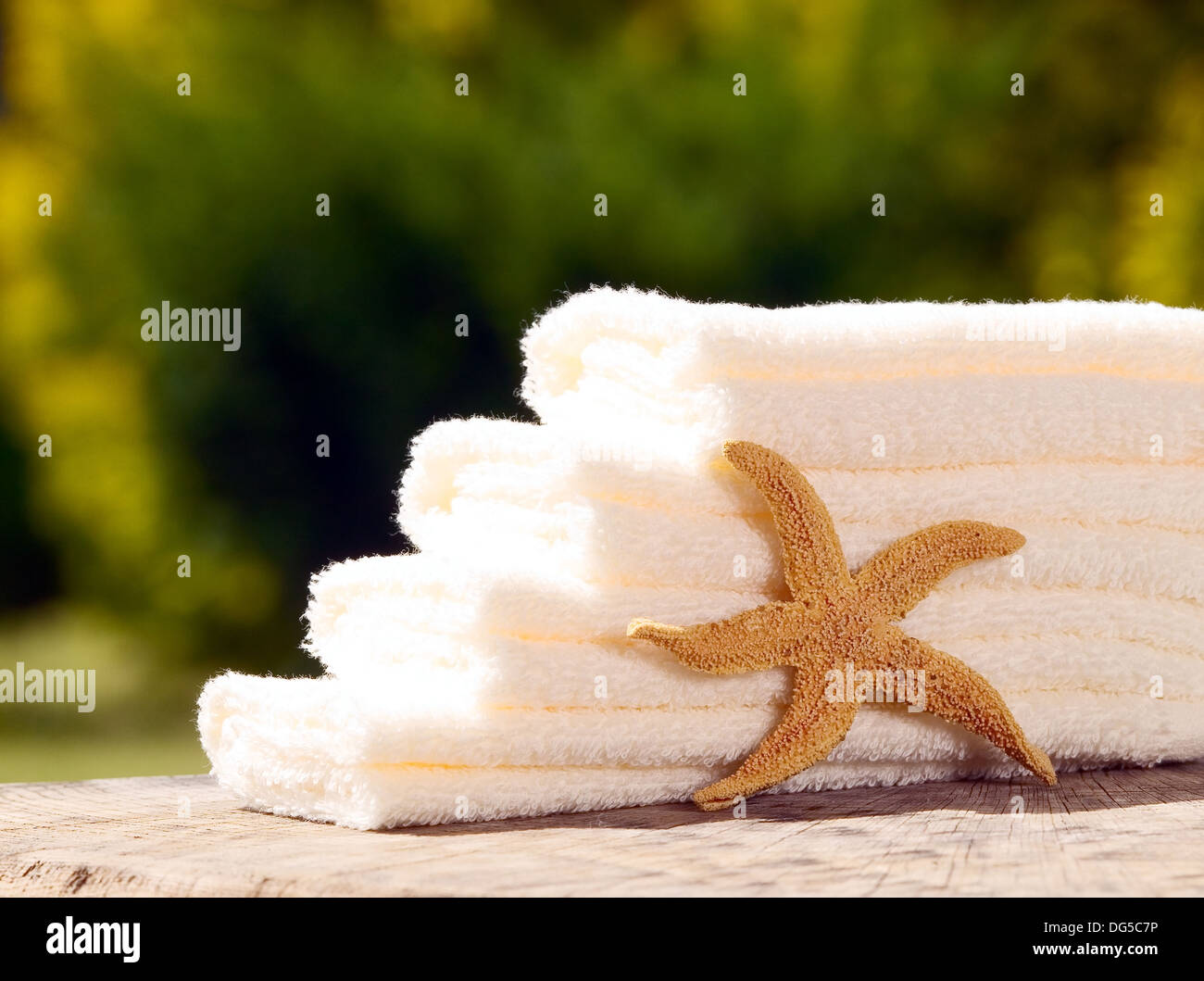 White towels with sea star on green nature background Stock Photo