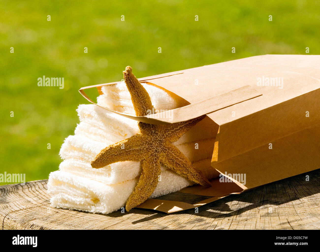 White towels with paper bag on green background Stock Photo