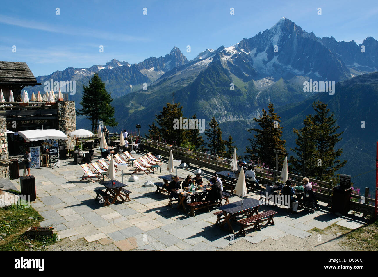 A mountain terrace restaurant at Planpraz, Chamonix, France Stock Photo