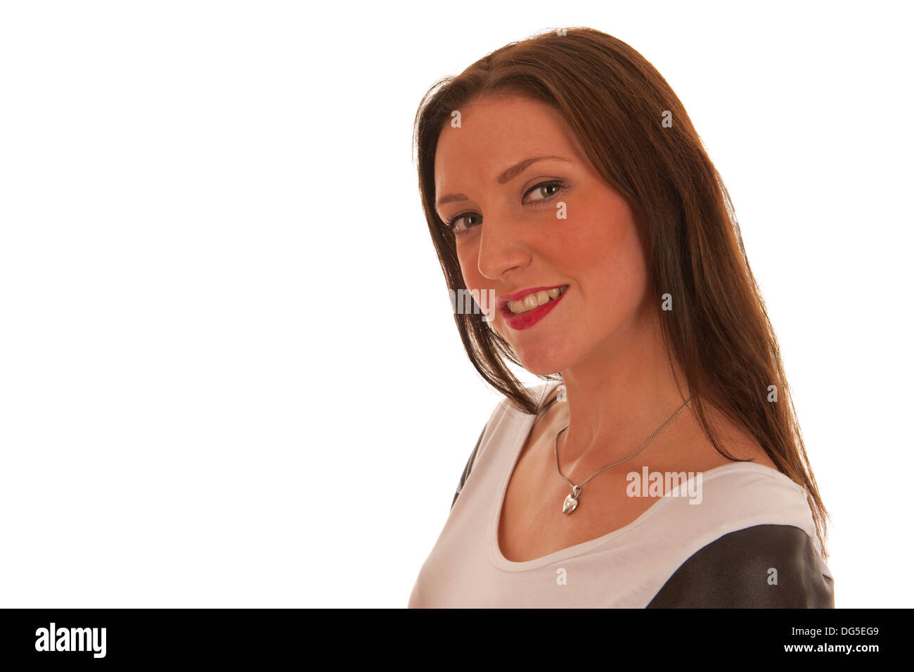 Brown haired girl isolated in white looking naughty into the camera Stock Photo