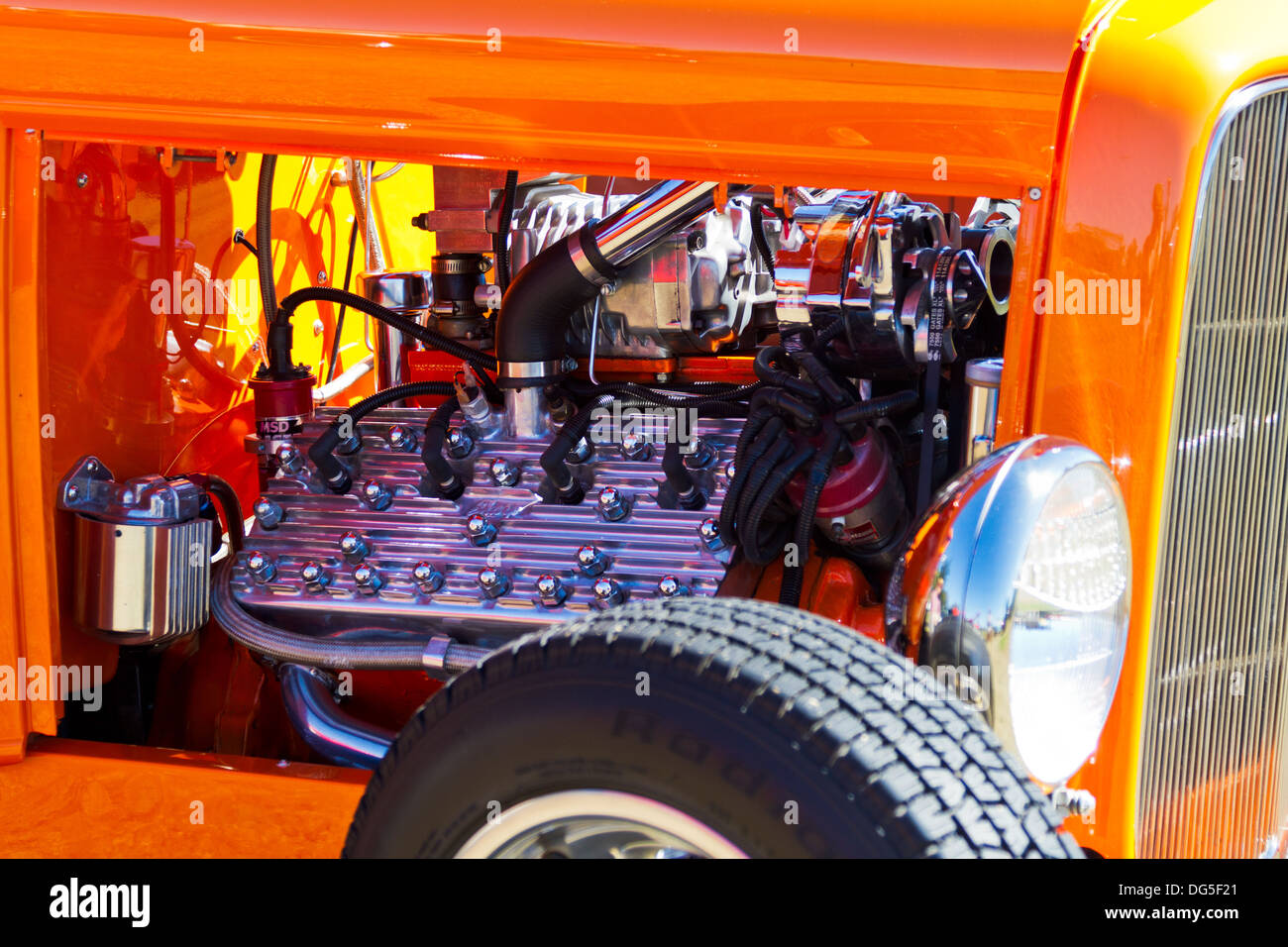 Closeup showing detail of 1949 Mercury engine in a 1932 Ford hot-rod. Stock Photo