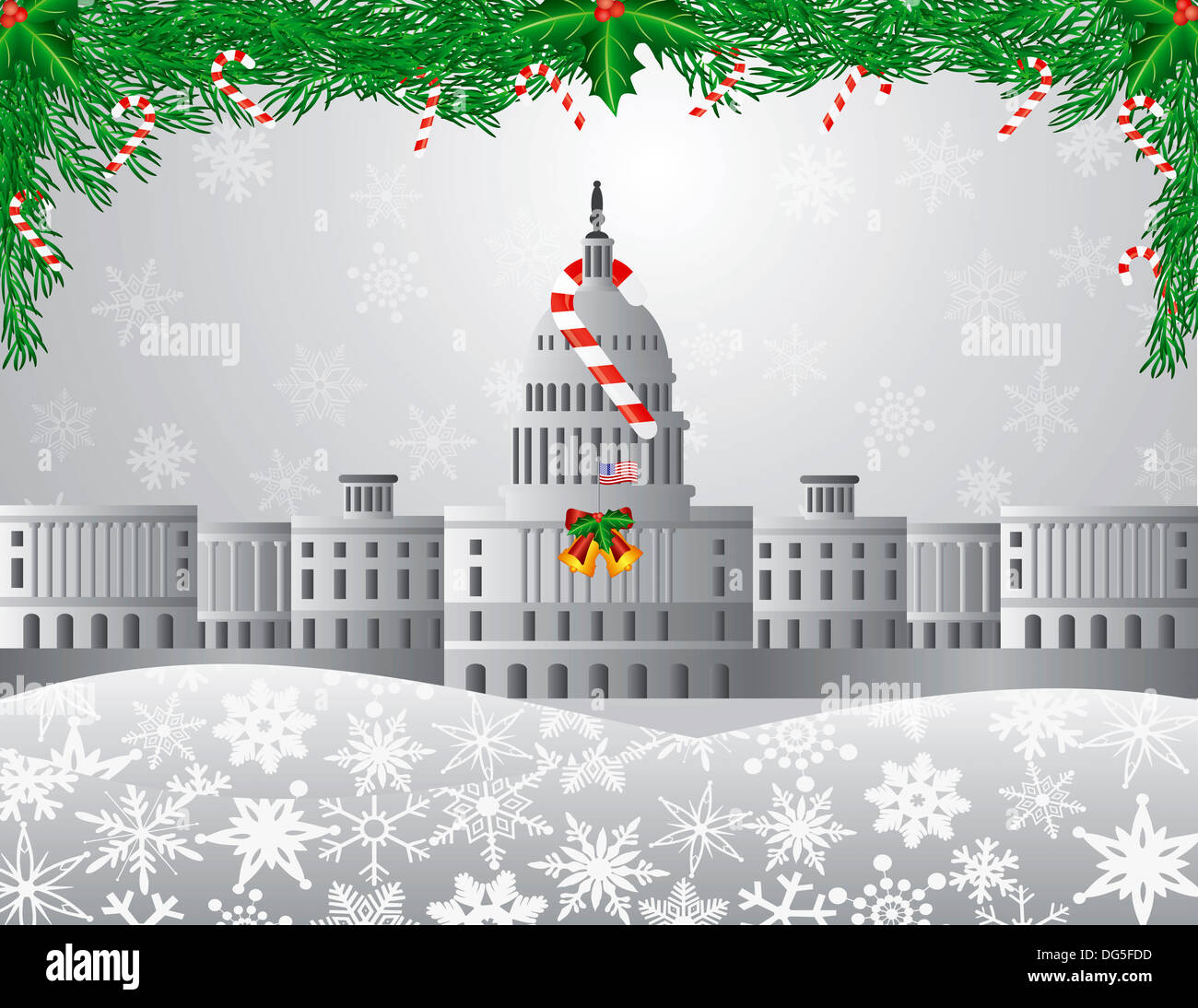 Washington DC Capitol Building with Garland Candy Cane Holly Berries on Snowflakes Background Illustration Stock Photo