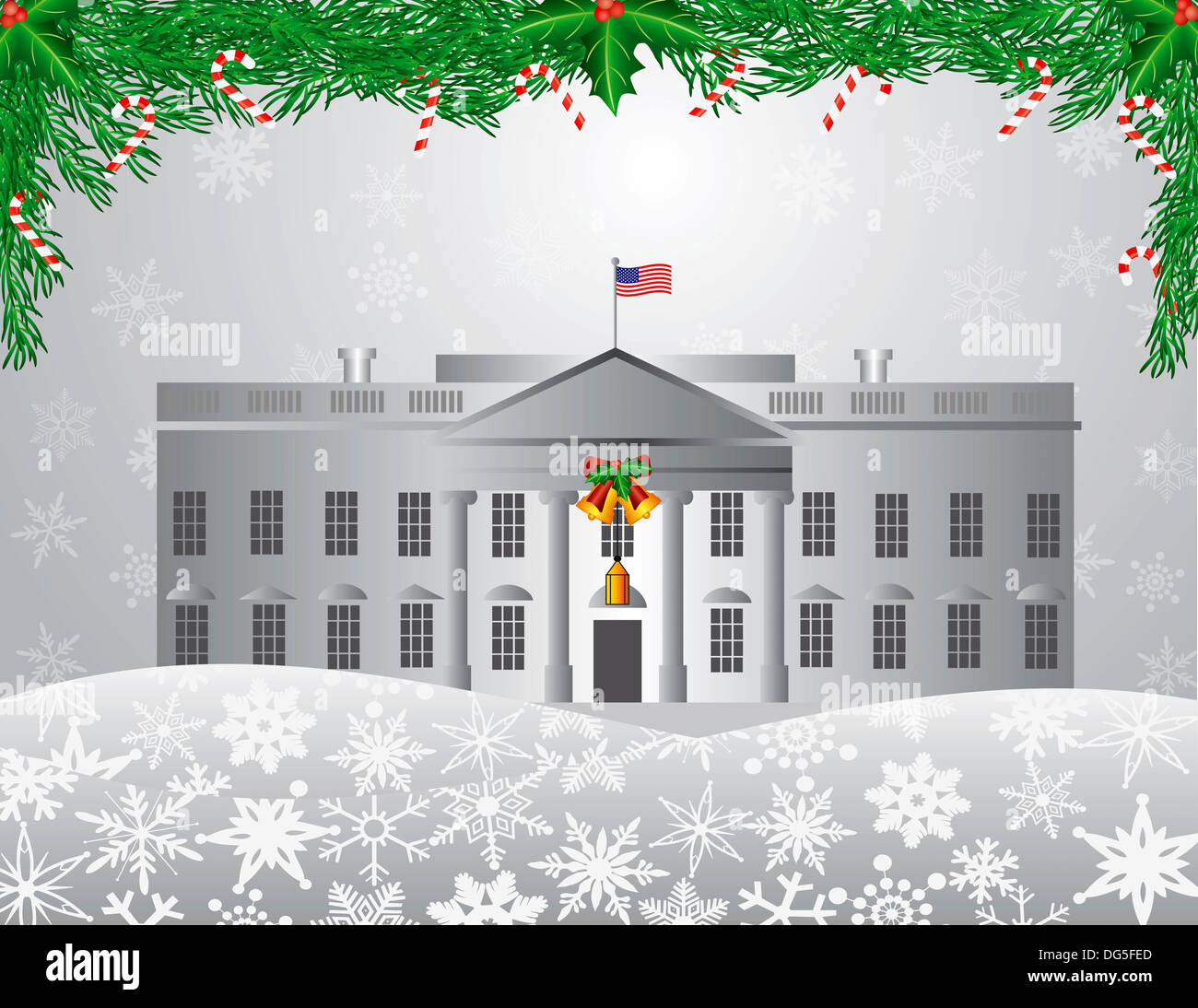 Washington DC White House Building with Garland Candy Cane Holly Berries on Snowflakes Background Illustration Stock Photo