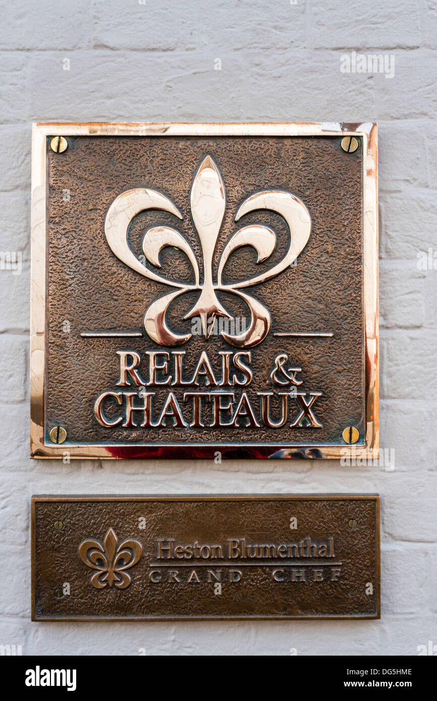 Relais & Chateaux and Grand Chef signs outside Heston Blumenthal's Fat Duck restaurant in Bray, Berkshire, England, GB, UK. Stock Photo