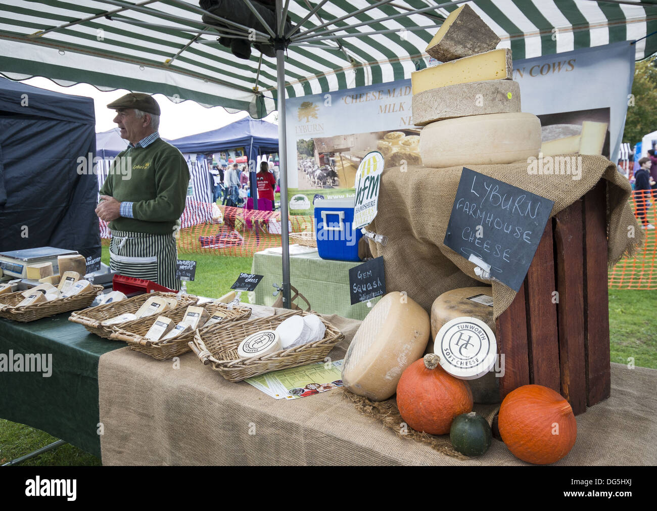 Cheese stall at the autumn pumpkin festival at the Royal Victoria Country Park, Netley, Southampton, Hampshire, England, UK Stock Photo