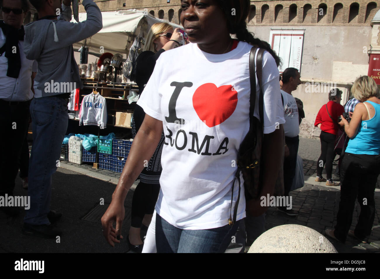 black woman wearing i love roma t shirt in rome italy Stock Photo