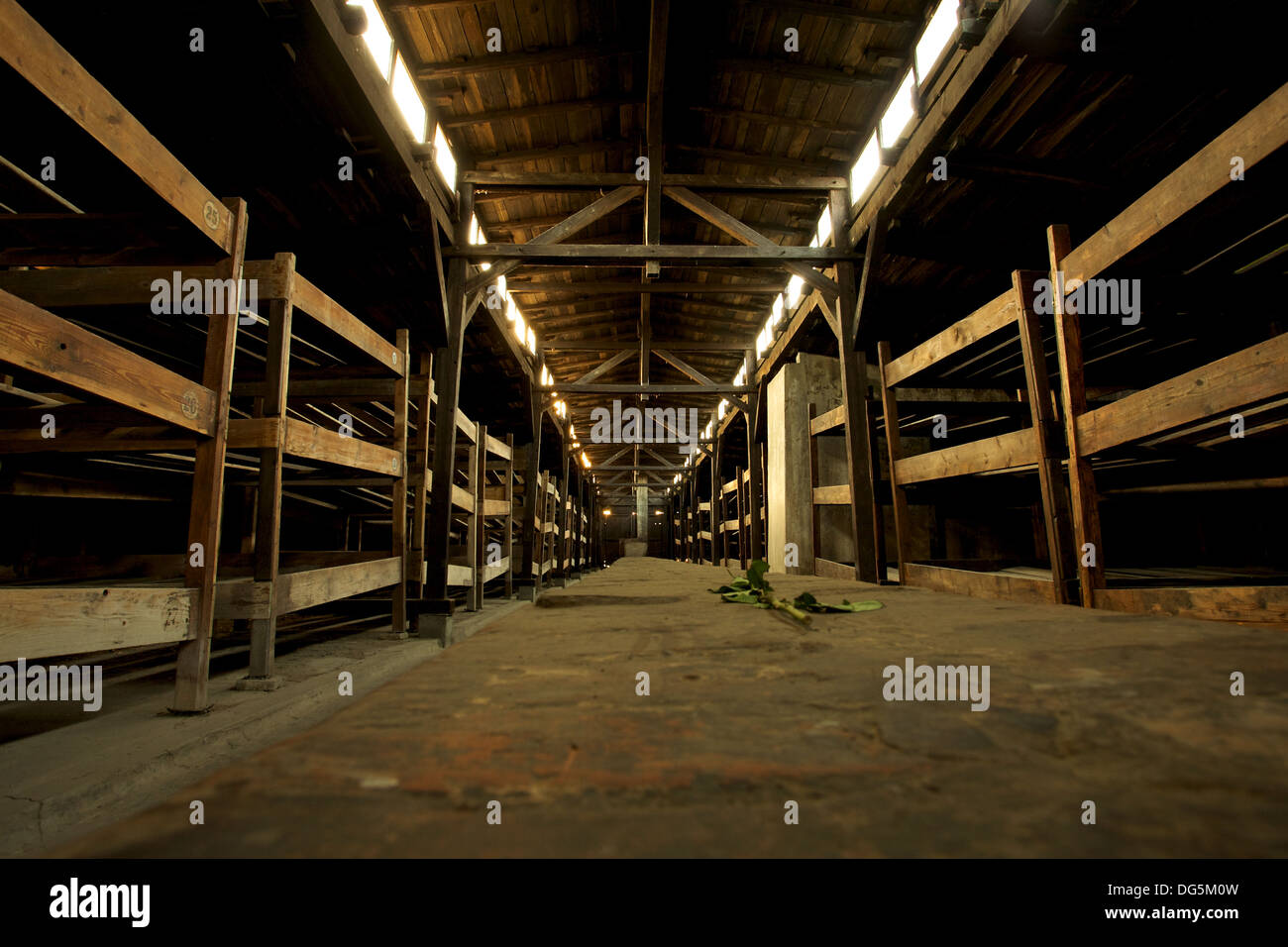 Inside wood houses in Auschwitz Birkenau concentration camp Stock Photo