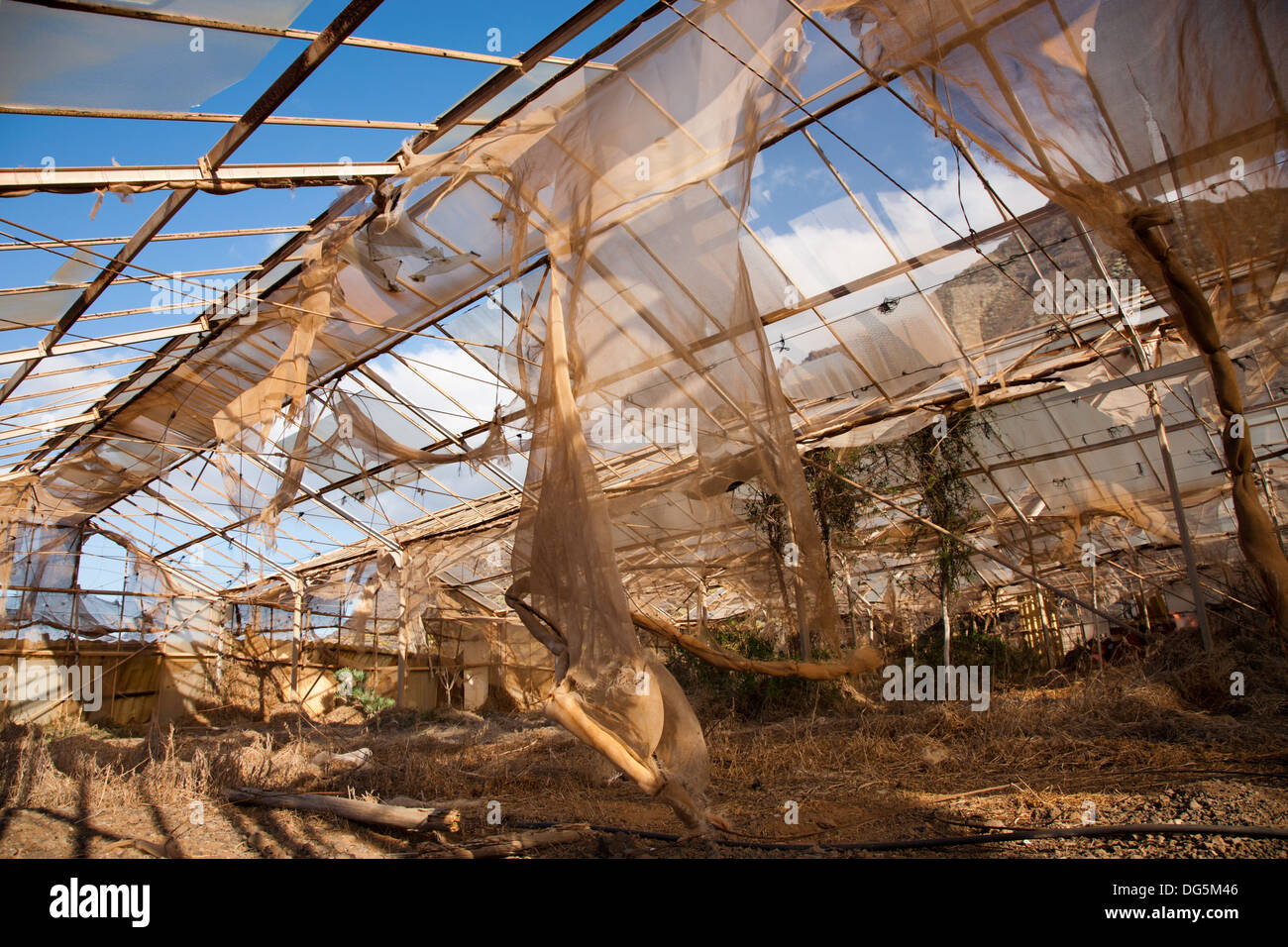 Abandoned and broken greenhouse in the countryside of Tenerife in Spain Stock Photo