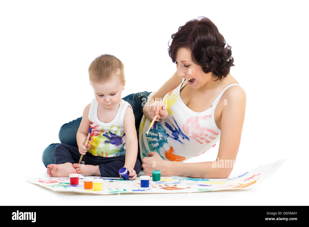 mother wih kid boy drawing and painting together Stock Photo