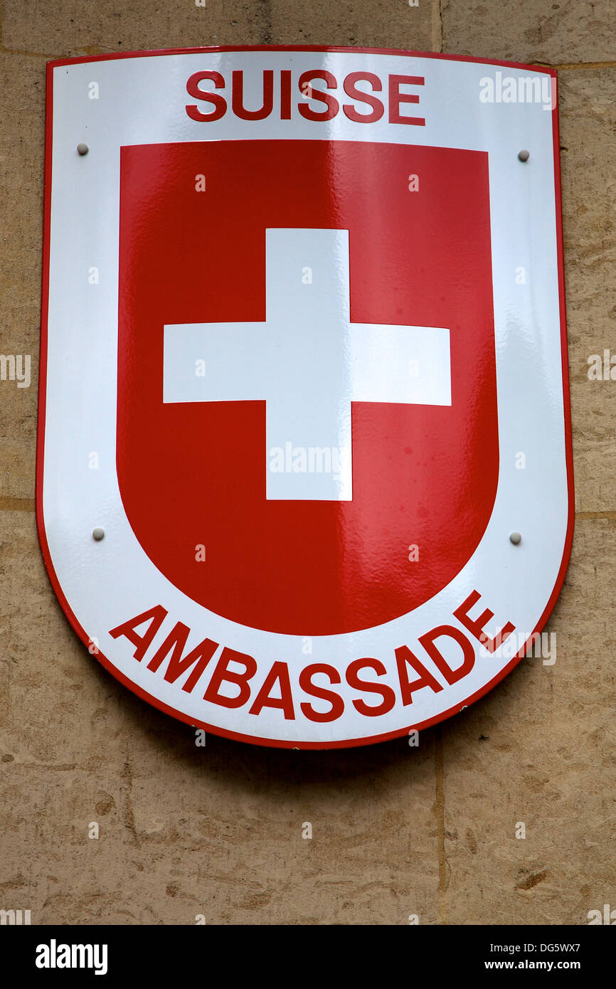 Swiss sign on the wall of the embassy in Paris, France Stock Photo