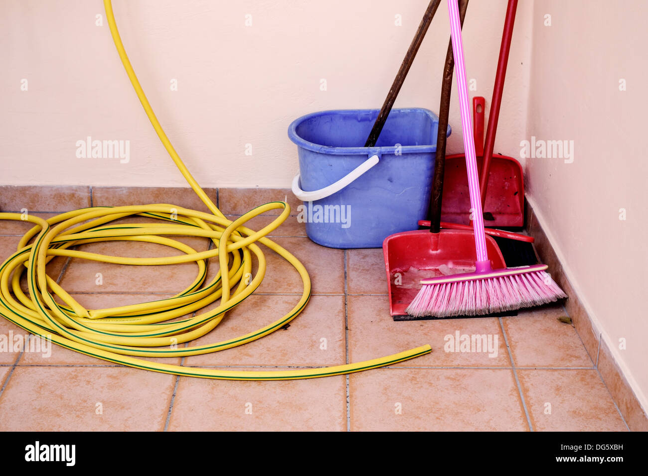 Household Cleaning Utensils and Hosepipe Stock Photo Alamy