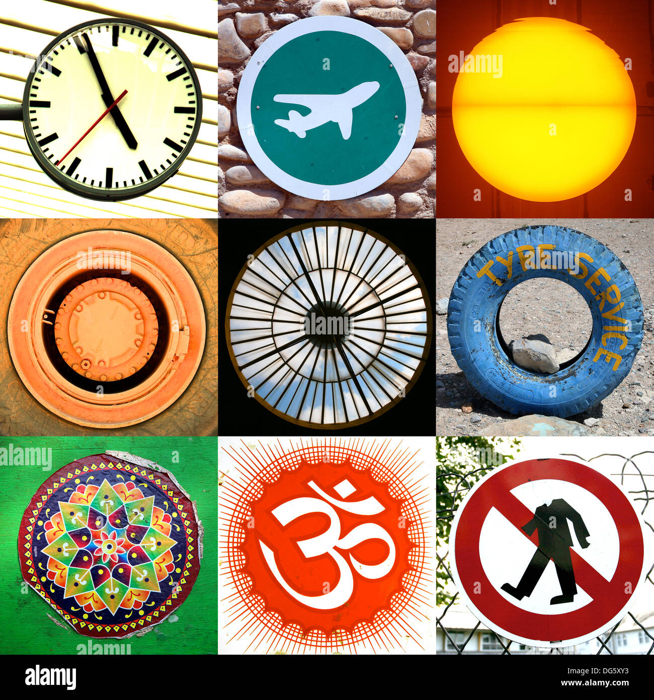 Composition of 9 images in a square format including close-up of circles Stock Photo