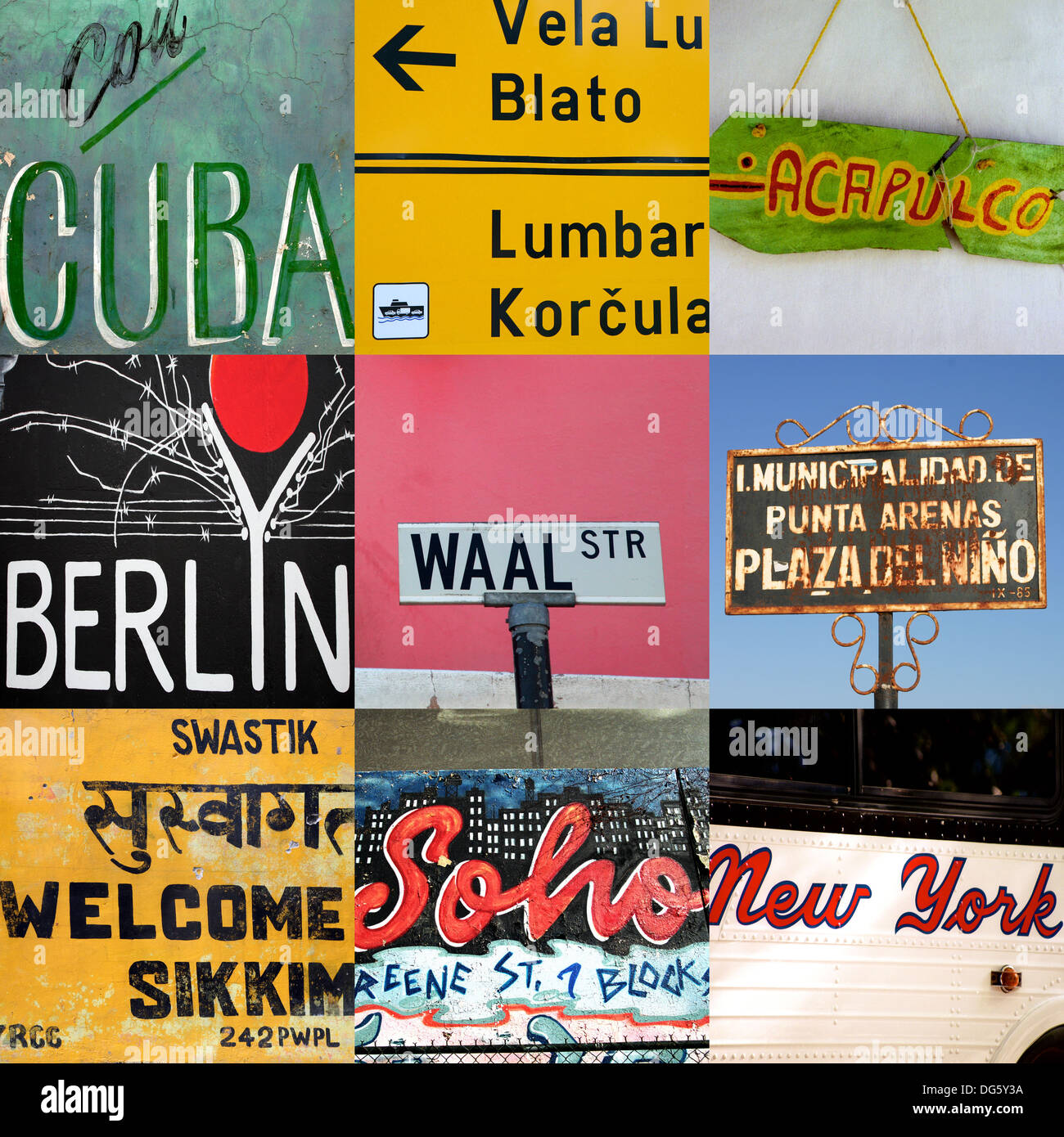 Composition of world travel signs in Africa, Asia and South America Stock Photo