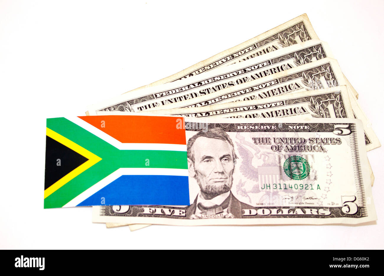 South African flag on five American dollar notes Stock Photo