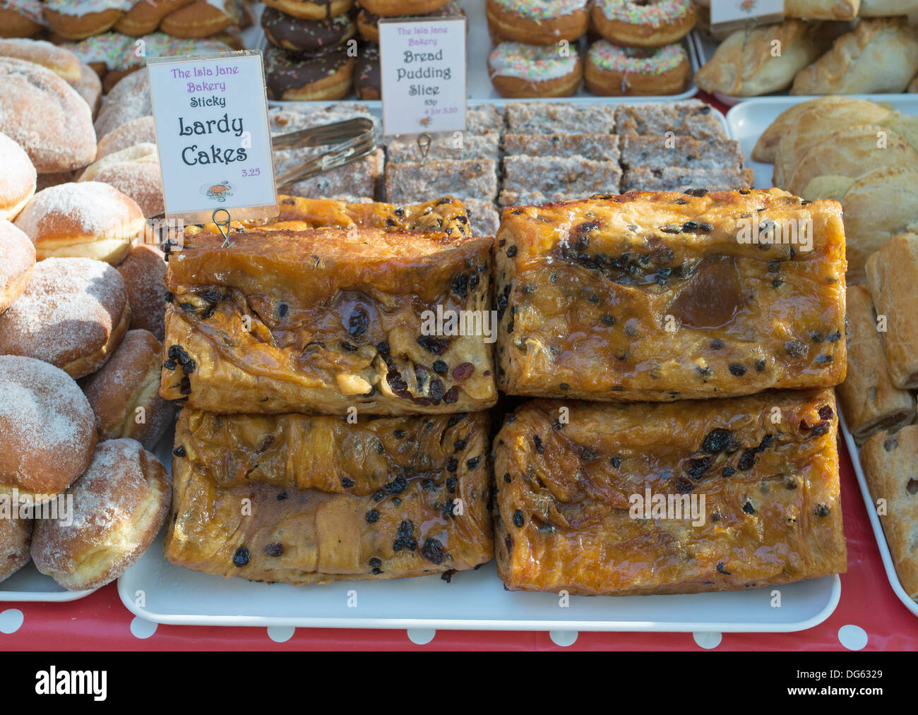 Lardy cakes for sale within Aylesbury outdoor market, England, UK Stock Photo Alamy