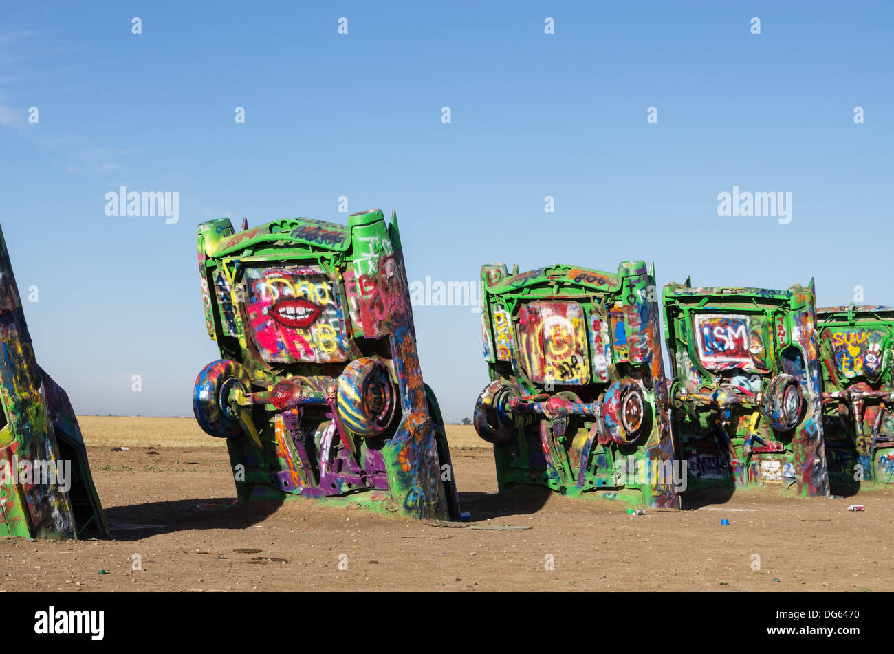 Cadillac Ranch in West Texas with cars partially buried in the ground