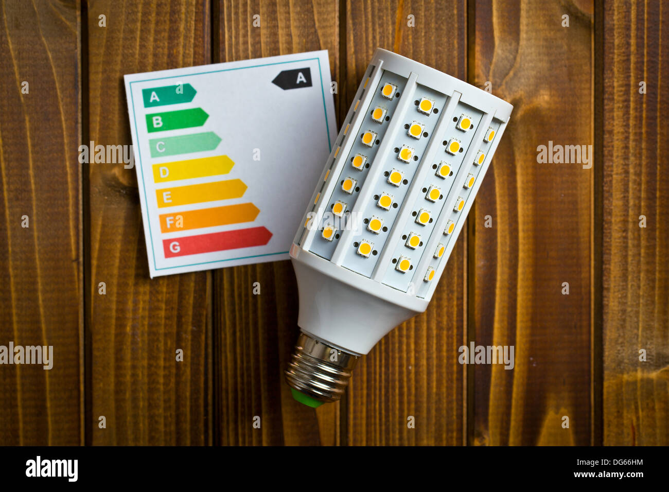 top view of LED lightbulb with energy label on wooden background Stock Photo