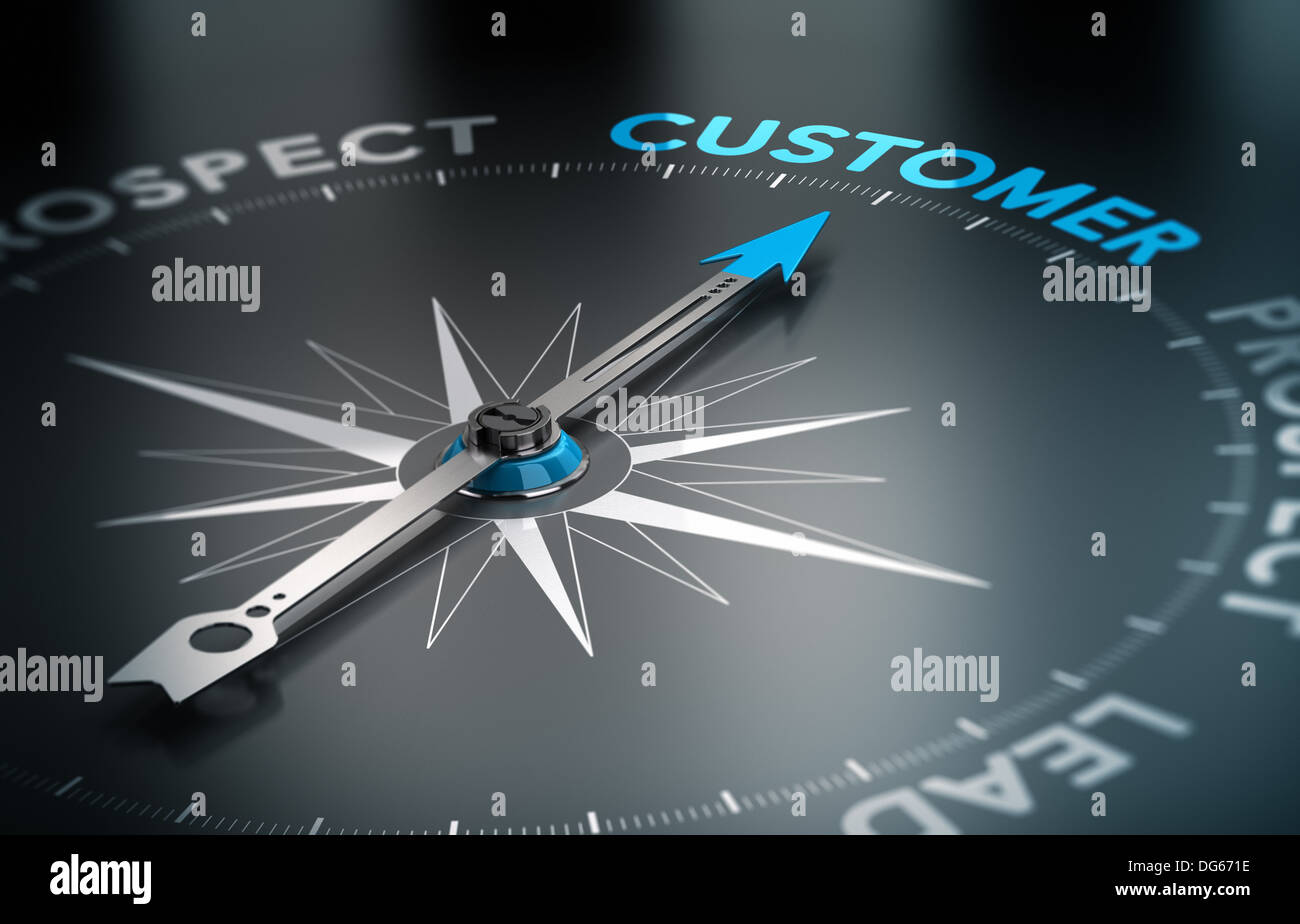 Conceptual 3D render image with depth of field blur effect. Compass with the needle pointing the word customer Stock Photo