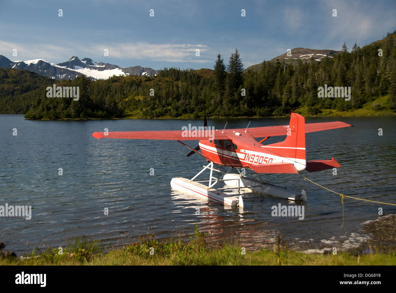 Float plane parked at lake side, Shrode Lake, Prince William Sound ...