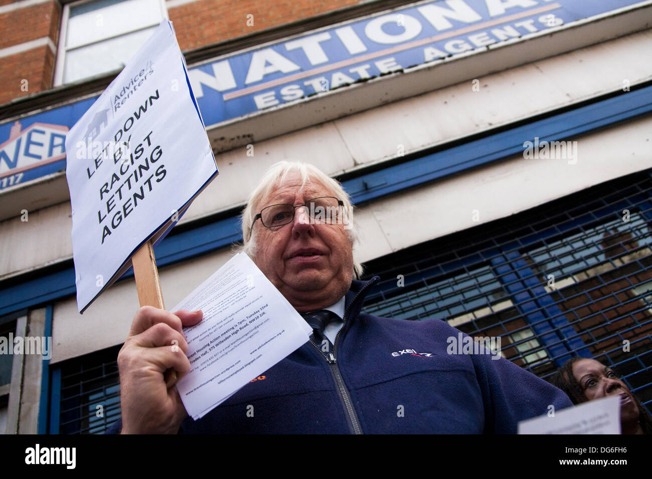 London, UK. 15th October 2013. Anti-racism campaigners demonstrate outside estate agents in Willesden Green, North London, against lettings agents found to have denied rental properties to Afro-Caribbean homeseekers. Credit:  Paul Davey/Alamy Live News Stock Photo
