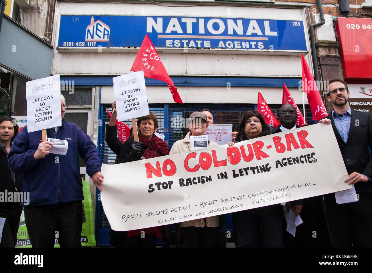 London, UK. 15th October 2013. Anti-racism campaigners demonstrate outside National Estate Agents in Willesden Green, North London, against lettings agents found to have denied rental properties to Afro-Caribbean homeseekers. Credit:  Paul Davey/Alamy Live News Stock Photo