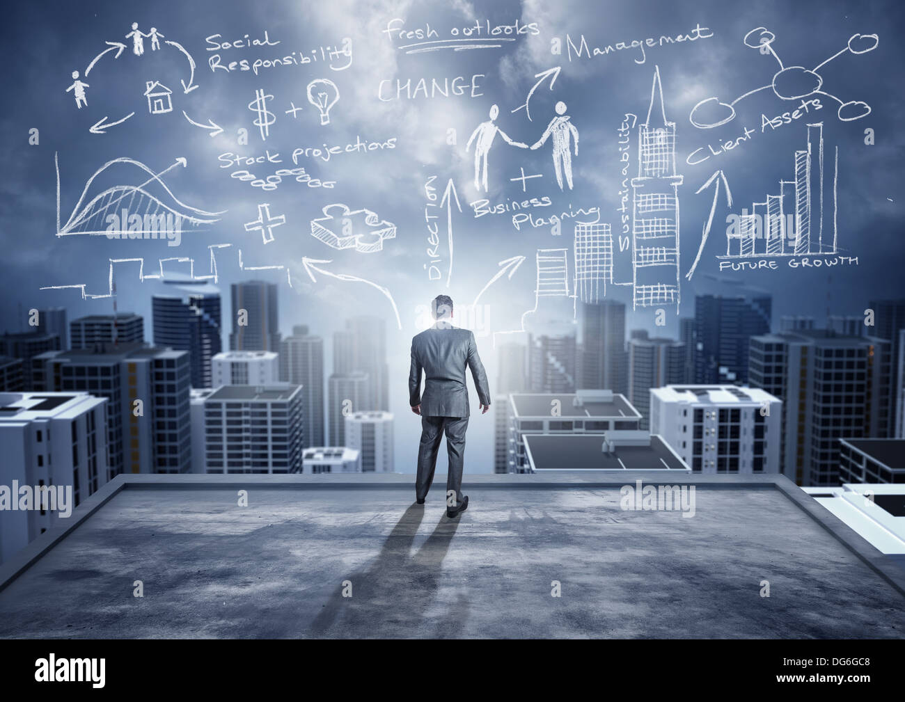Business Ideas - conceptual. A businessman watching the city with big ideas. Stock Photo