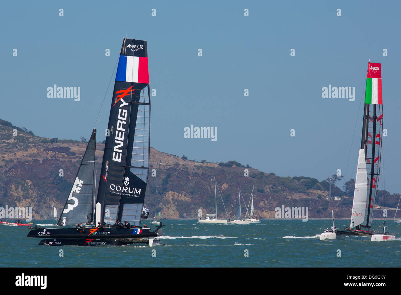 Italian team tries to overtake the French team in the bay of San Francisco during the final of the America's Cup 2012. Stock Photo