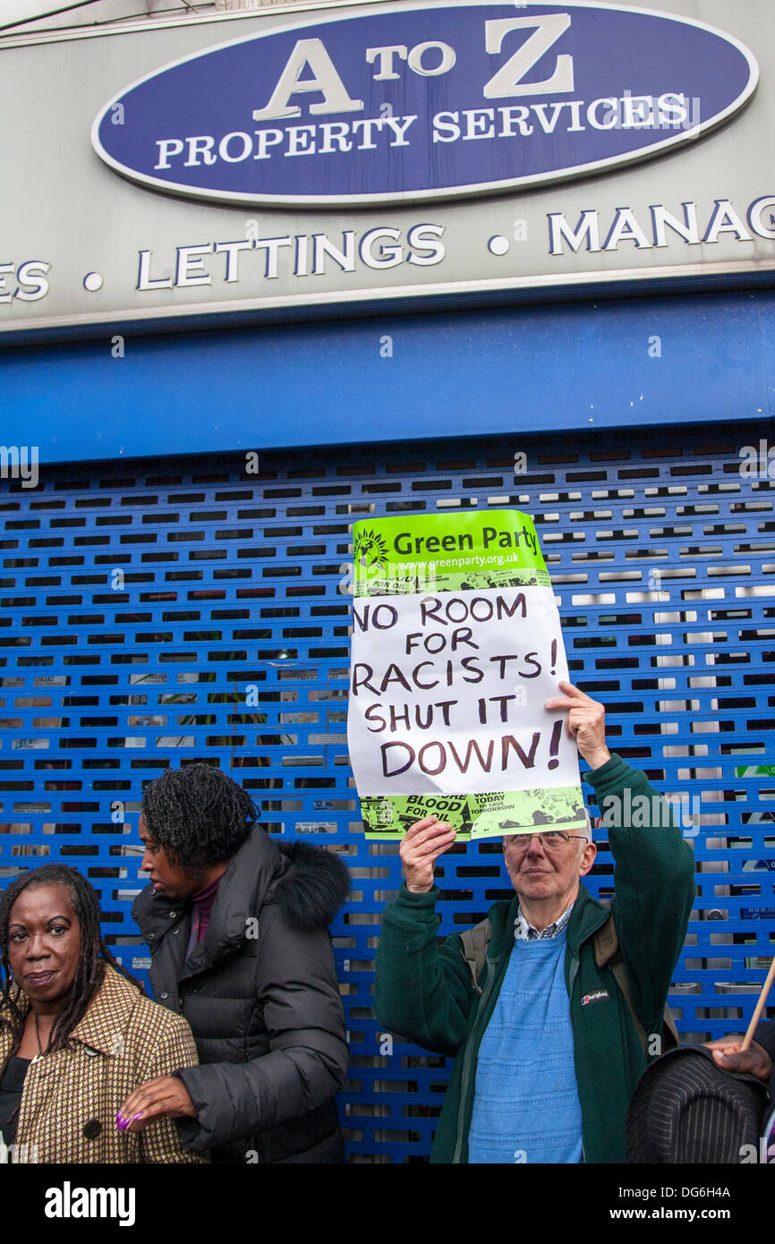 London, UK. 15th October 2013. Anti-racism campaigners demonstrate outside A to Z Property Services in Willesden Green, North London, who in a BBC investigation were found to have denied rental properties to Afro-Caribbean homeseekers. Credit:  Paul Davey/Alamy Live News Stock Photo