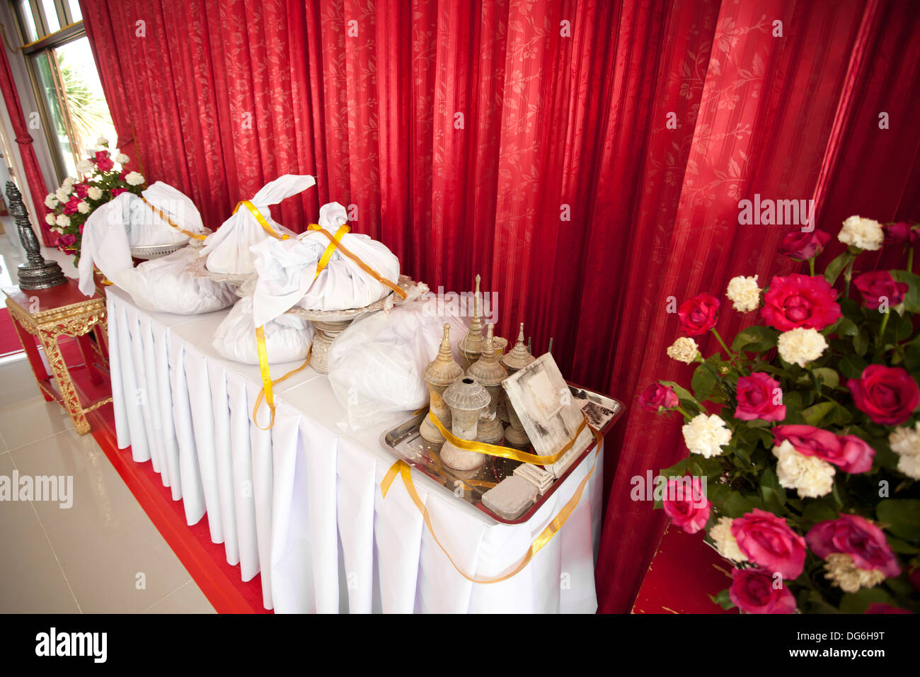cremains, bone ash kept into package after funeral in Thai tradition Stock Photo