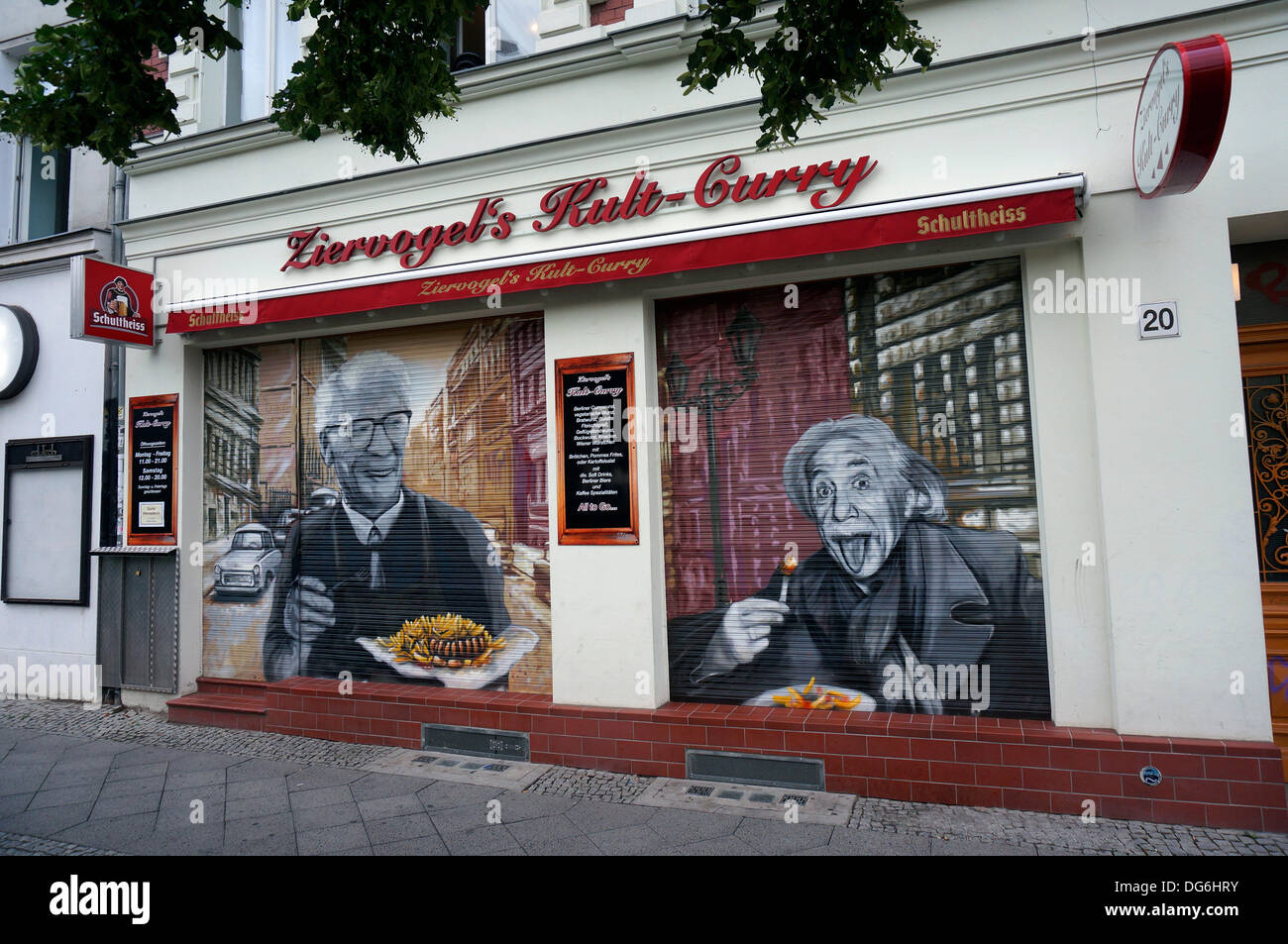 Berlin, Germany. 04th Aug, 2013. The portraits of Erich Honecker and Albert Einstein are painted onto the shutters of the fast food restaurant 'Ziervogel's Kult-Curry' in Berlin, Germany, 04 August 2013. Fotoarchiv für ZeitgeschichteS. Steinach NO WIRE/dpa/Alamy Live News Stock Photo