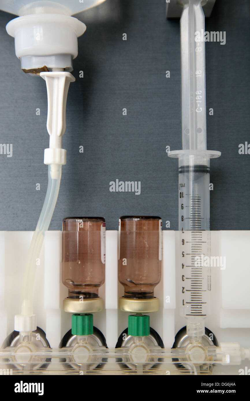 Syringes closeup and medical equipment in a laboratory at the