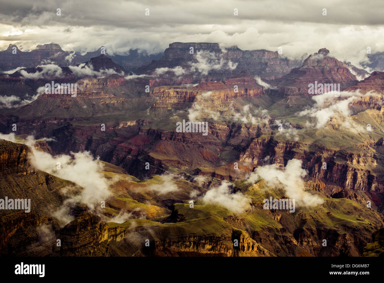 Grand Canyon on a rainy day with small clouds in it Stock Photo
