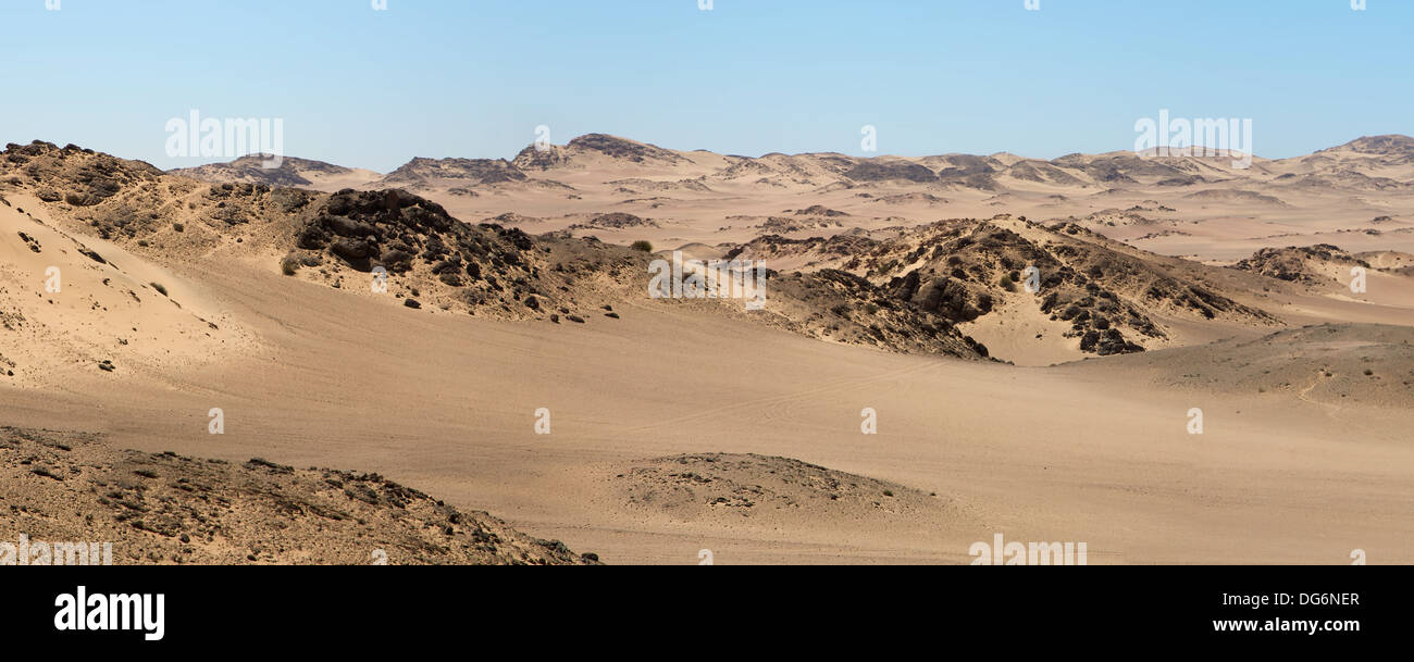 Surreal panorama of the white sand dune sea in the Skeleton Coast, Namibia. Stock Photo