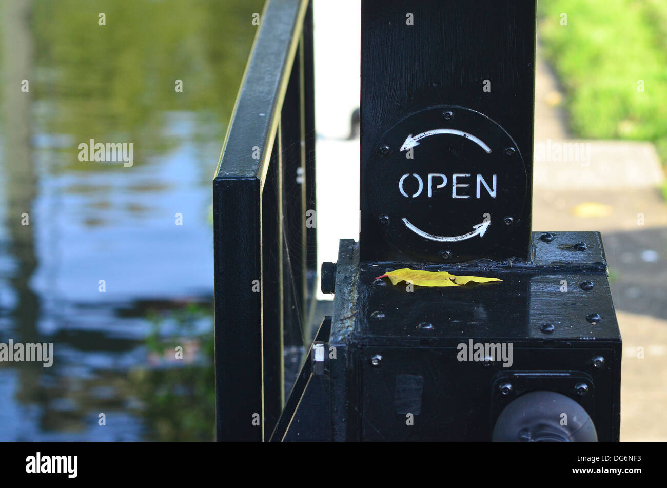 Canal Lock Gate mechanism showing how to open Stock Photo
