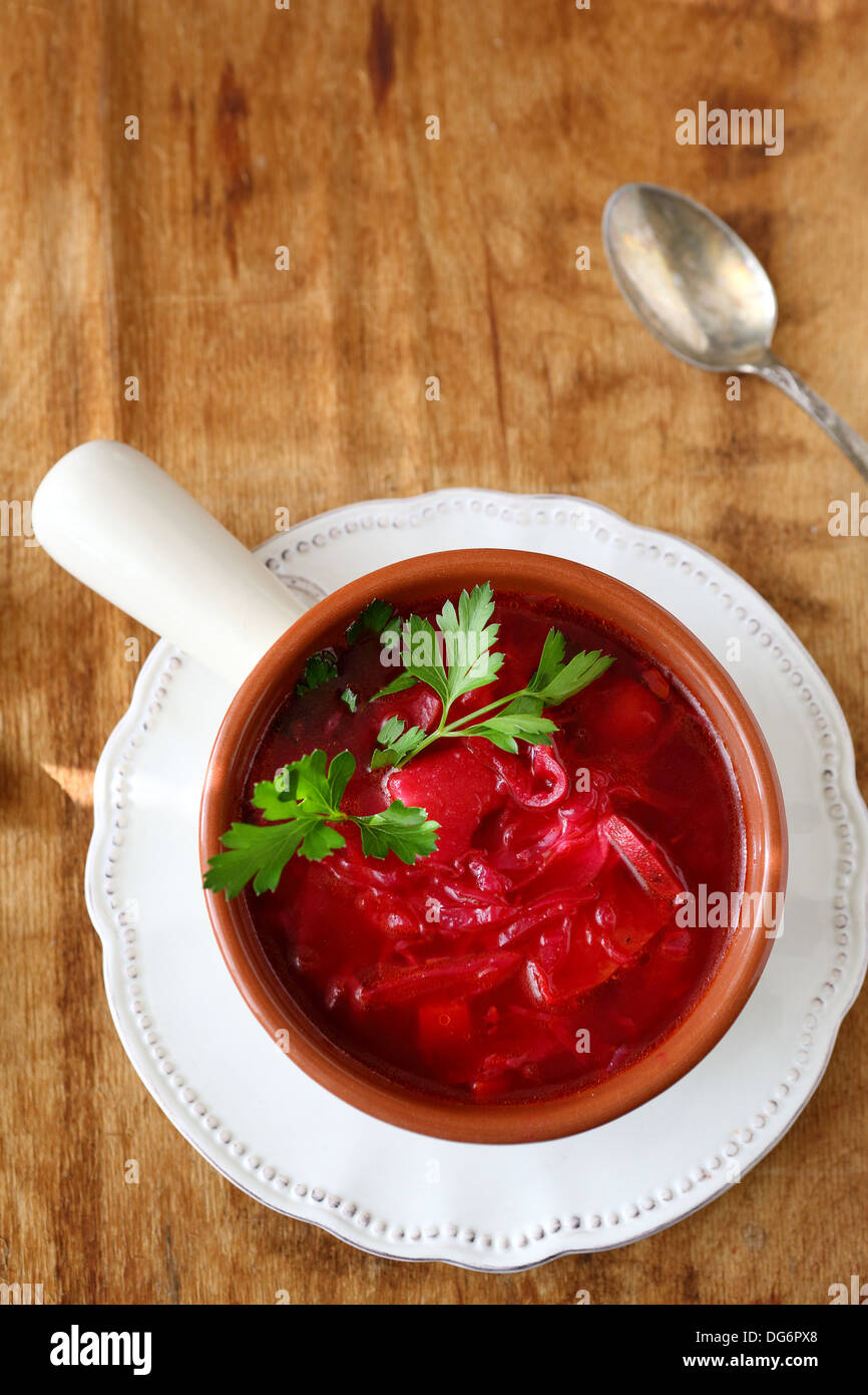 traditional Ukrainian borscht with beets, food top view Stock Photo