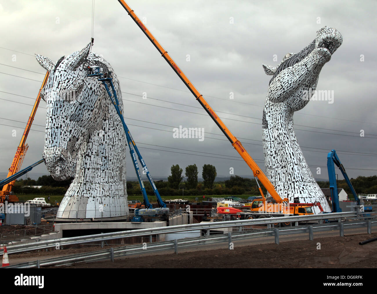 Two huge Kelpie horse sculptures being constructed at The Helix at
