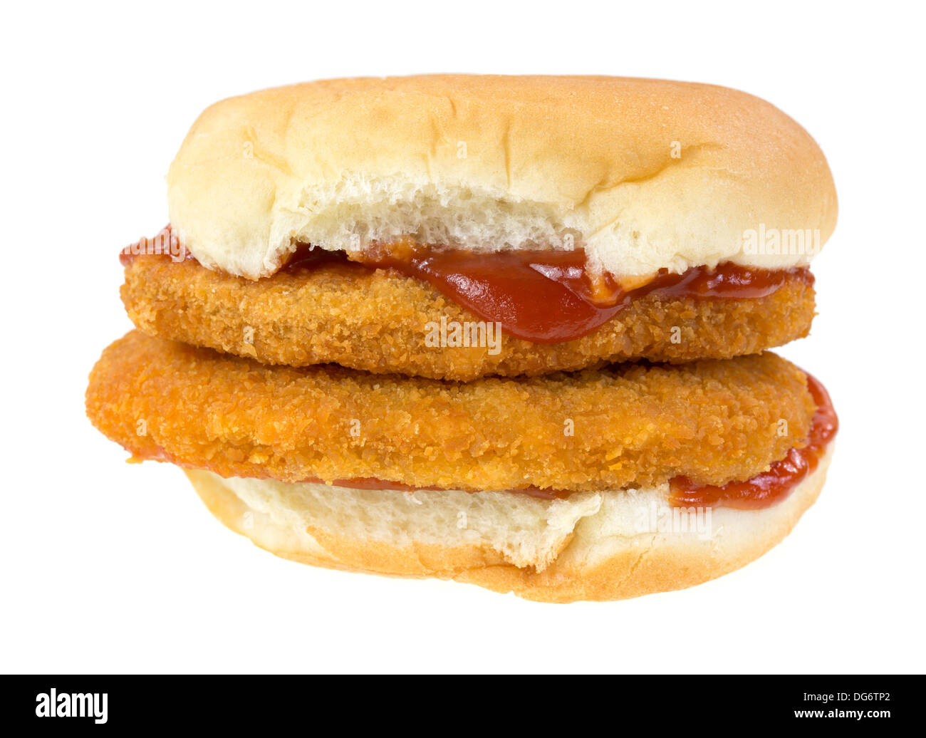 A double veal patty sandwich on a white bread bun with ketchup Stock