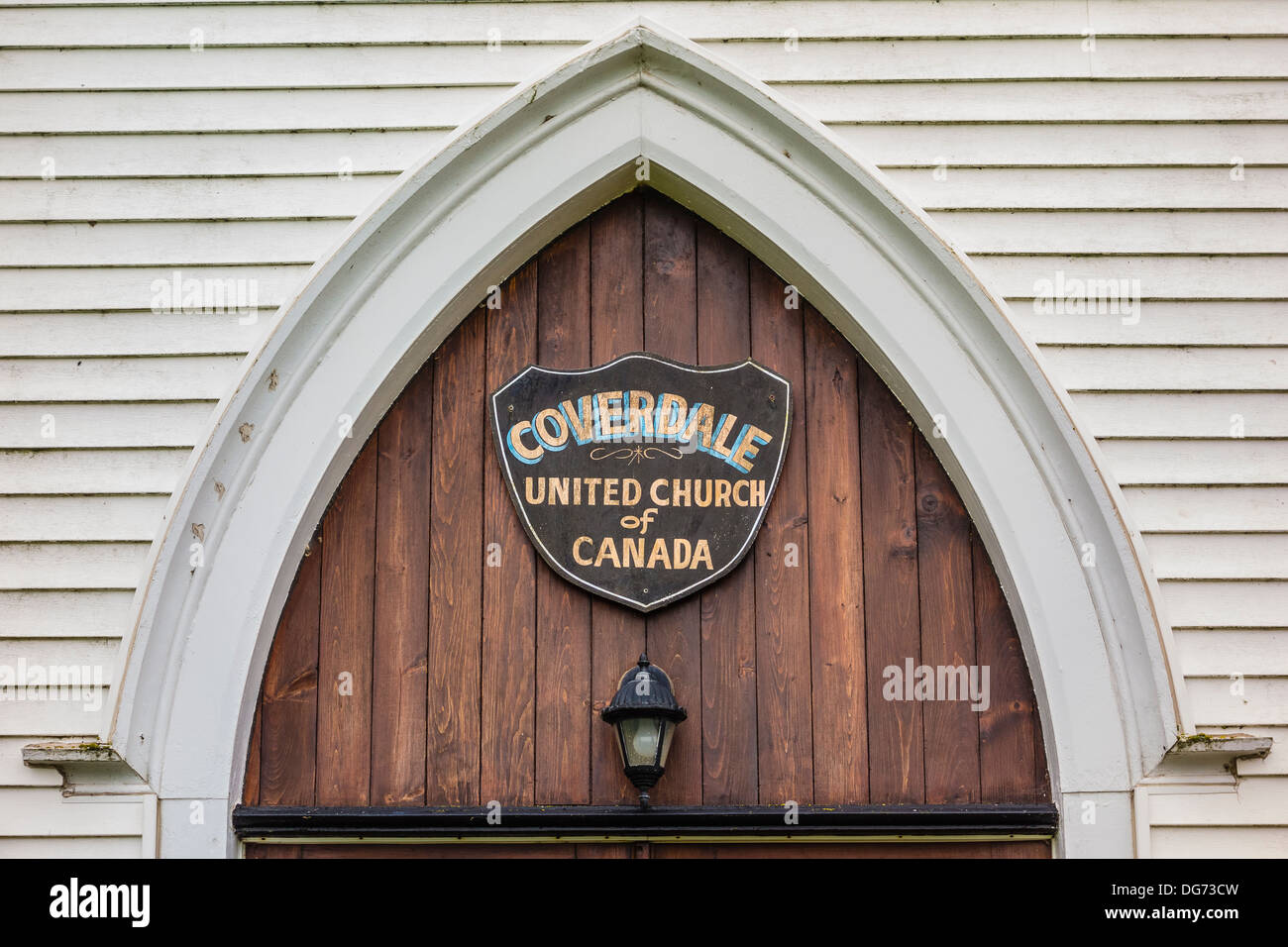 The area above the front door of the Coverdale United Church, New Brunswick, an example of Carpenter Gothic Style architecture. Stock Photo