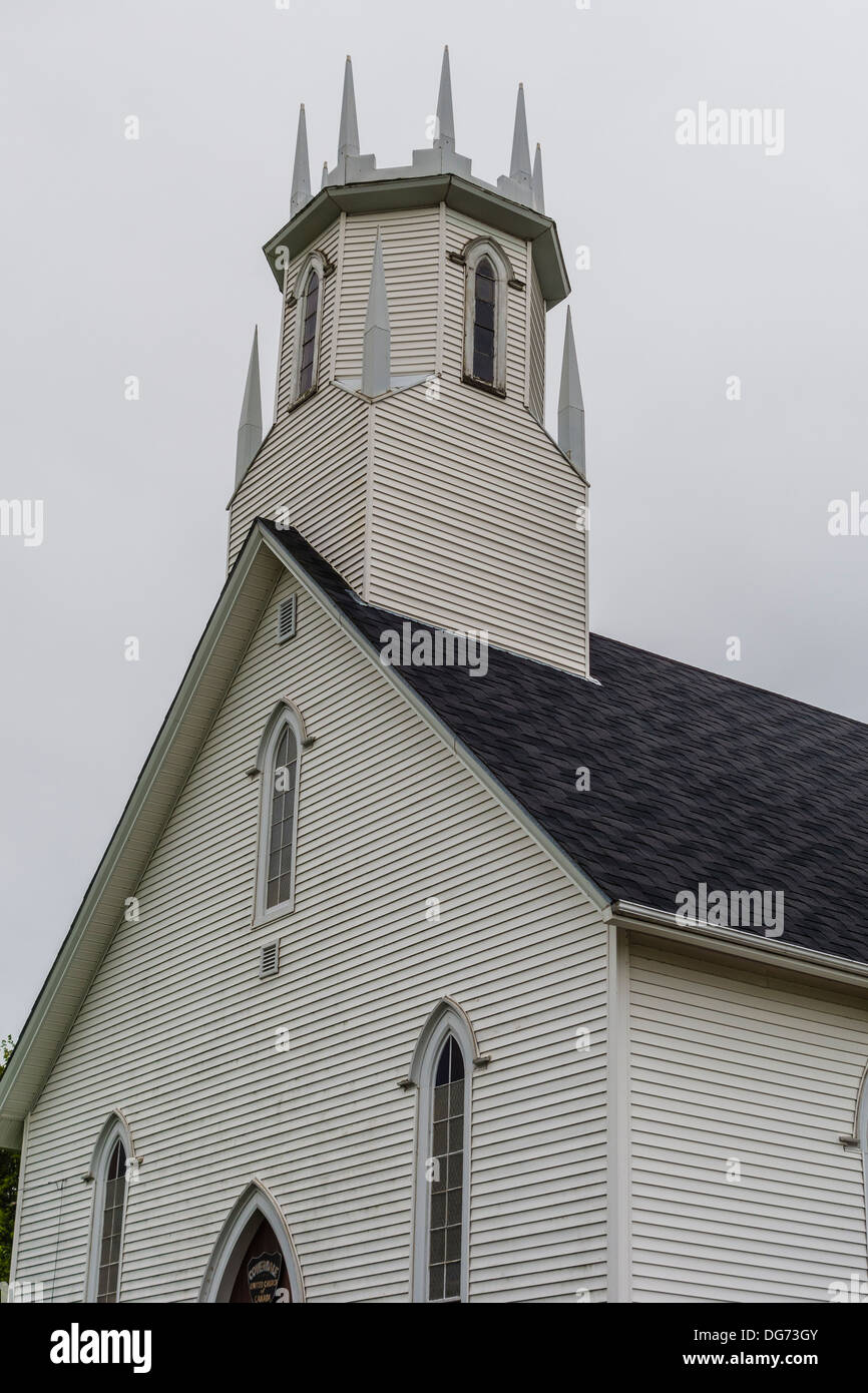 Front of the Coverdale United Church, Riverview, New Brunswick. It is an example of the Carpenter Gothic Style of architecture. Stock Photo