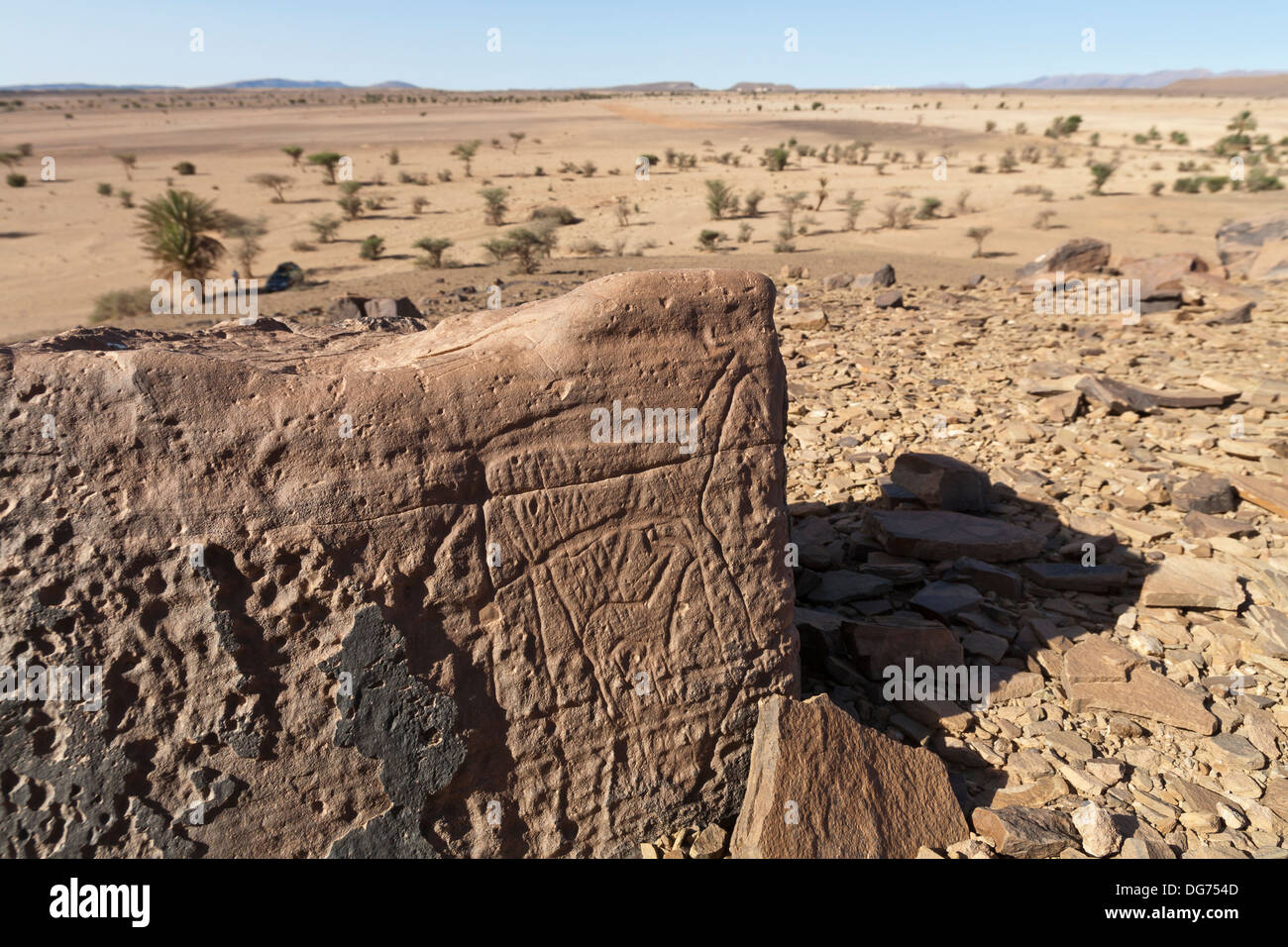 Prehistoric rock carvings in-situ at Aman Ighribin on the Tata to Akka road in Morocco Stock Photo