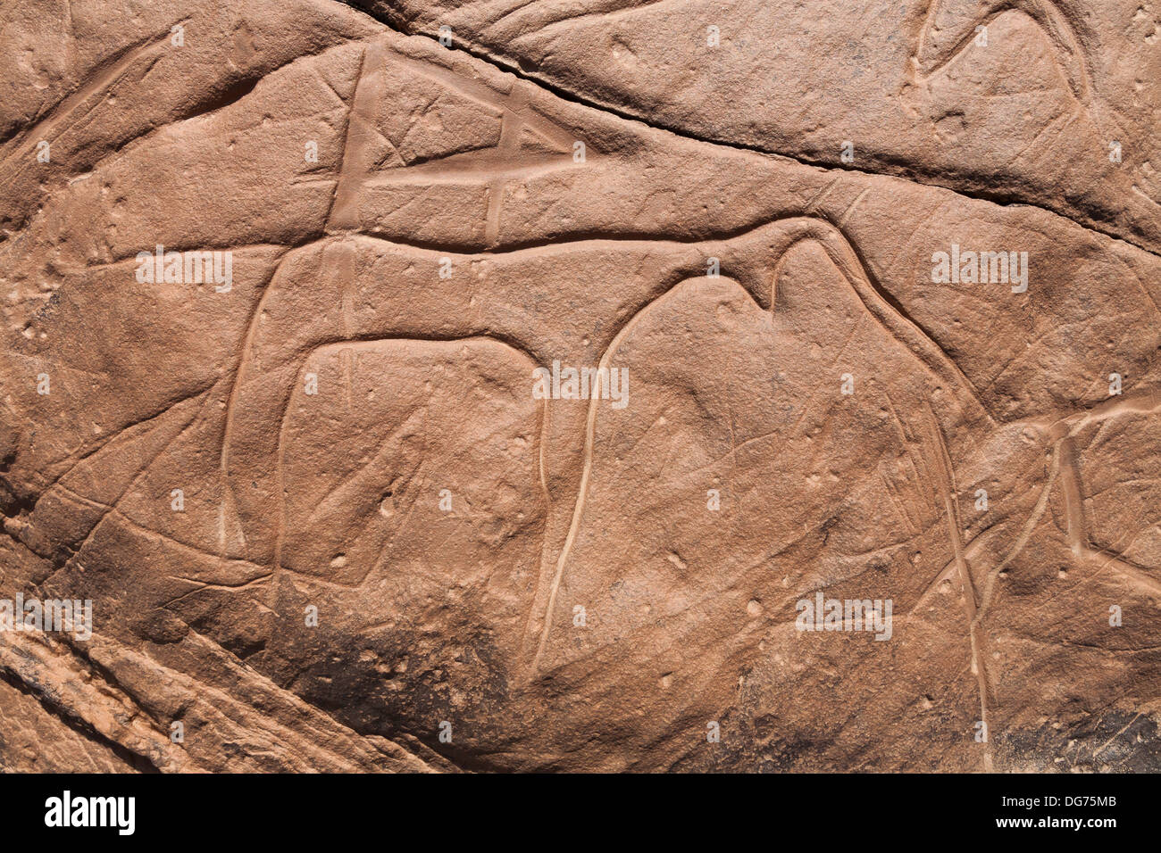 Prehistoric rock carvings at Aman Ighribin on the Tata to Akka road in Morocco Stock Photo