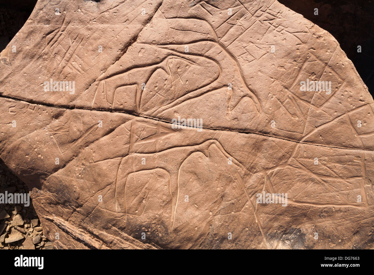 Prehistoric rock carvings at Aman Ighribin on the Tata to Akka road in Morocco Stock Photo