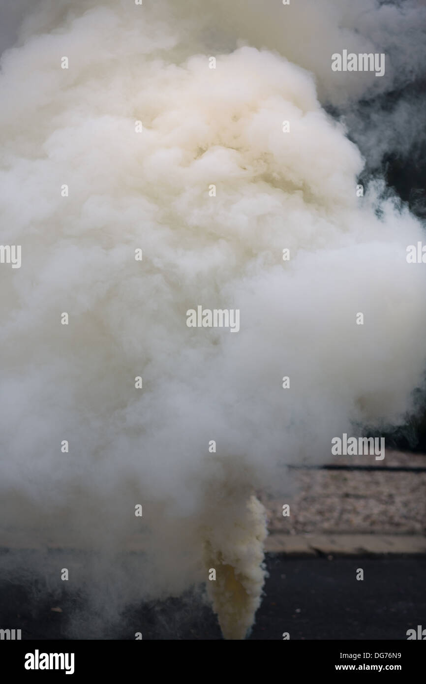 Smoke grenade in action during a demonstration the first day of the Polish national days of protest in Warsaw. Poland 2013. Stock Photo