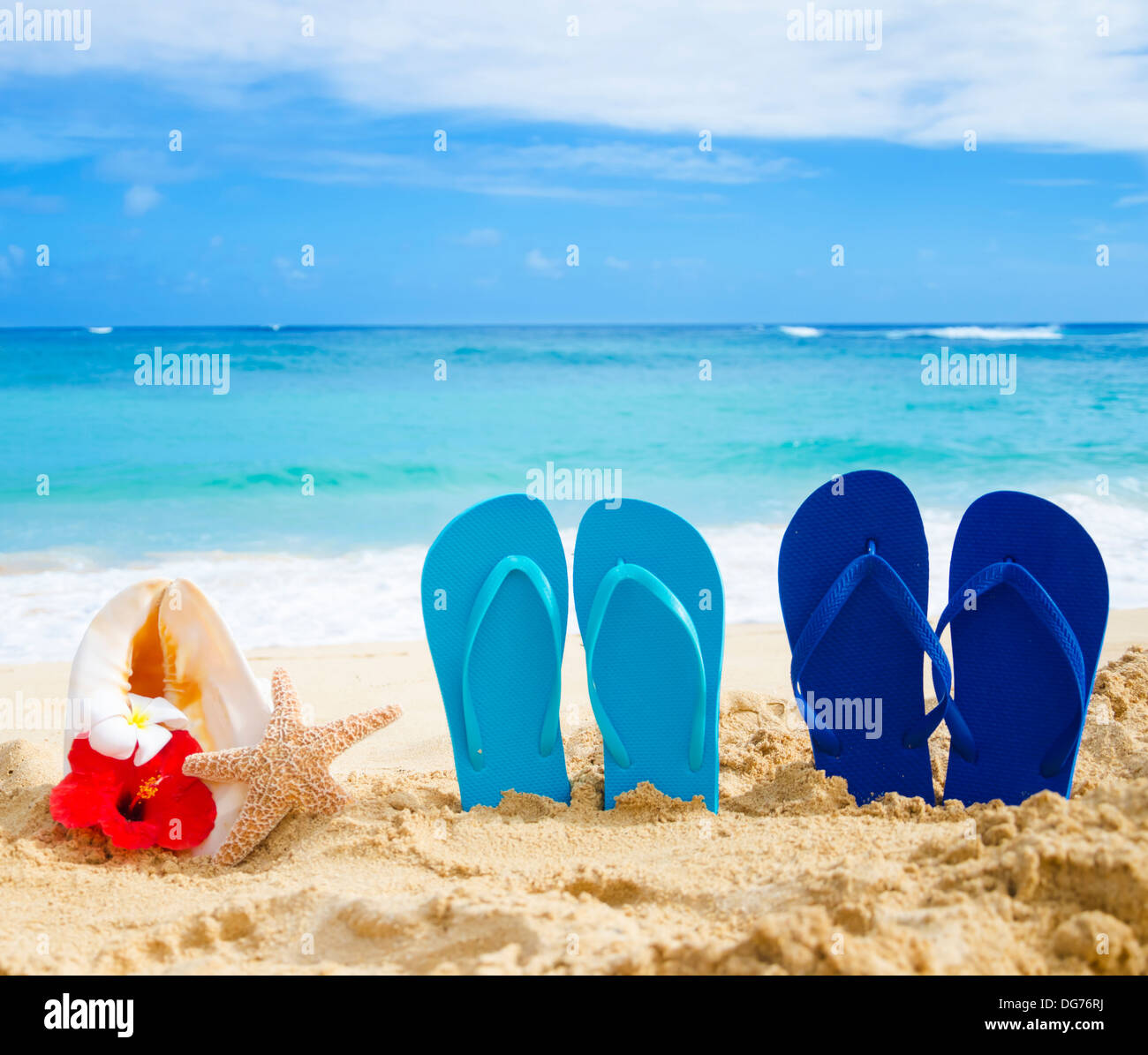 Flip flops, seashell and starfish with tropical flowers on sandy beach ...