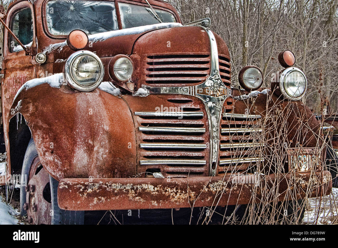 Detailed view of the front of an old Dodge Truck Stock Photo