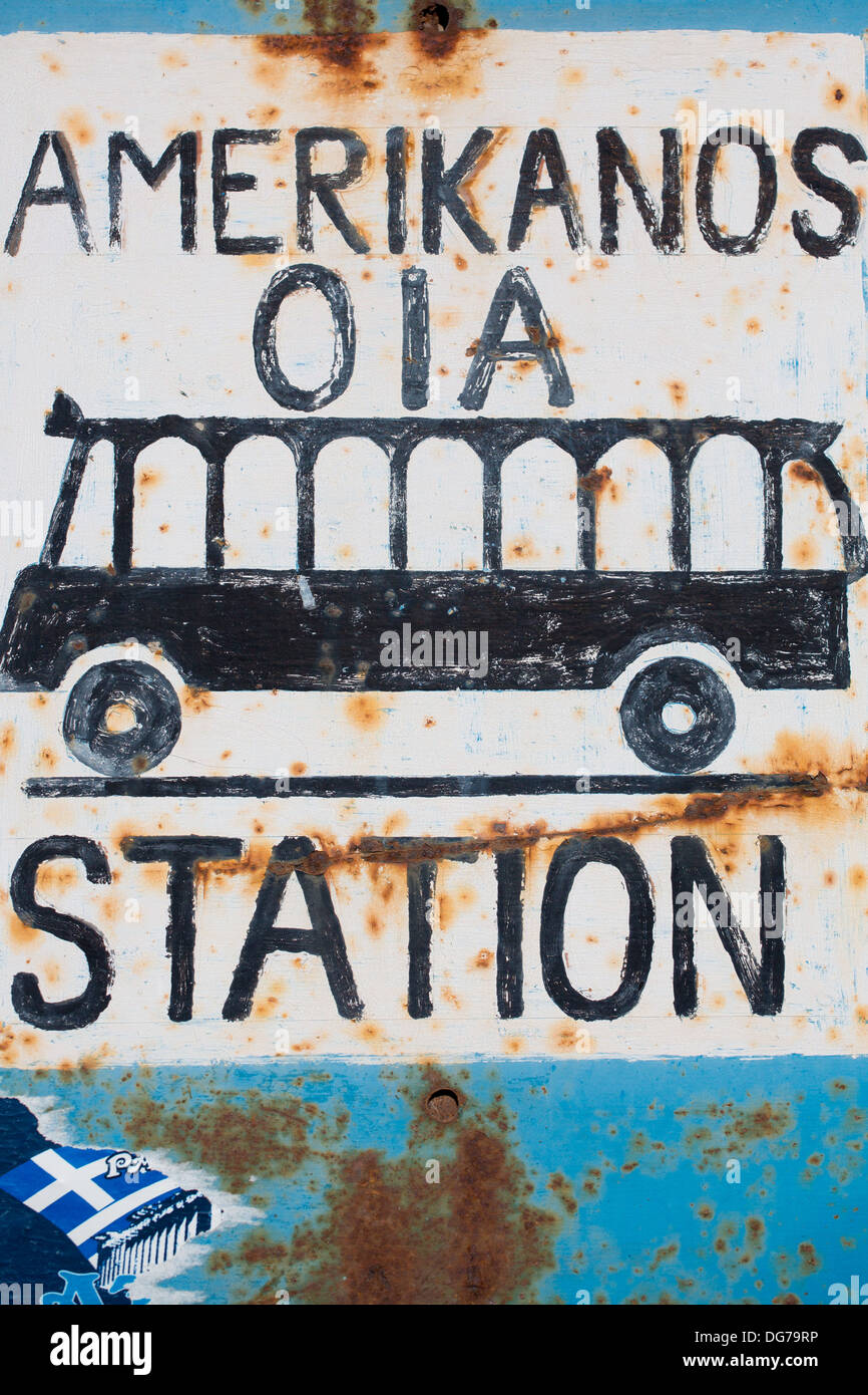 Sign of a bus at the bus station, The Americanos Oia bus station in Santorini, Greece 2013. Stock Photo