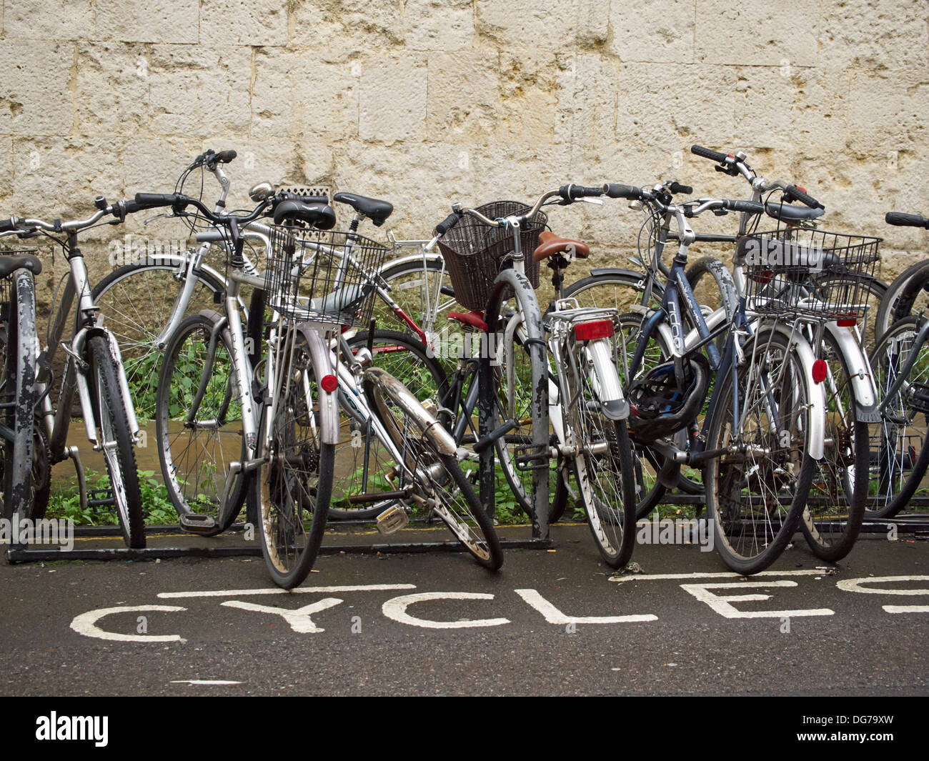Bicycles parked on the street, Oxford, England Stock Photo